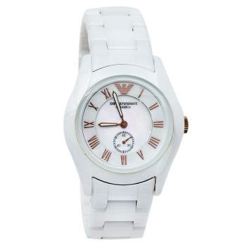 Pre Owned Emporio Armani Mother Of Pearl Ceramic Classic AR1418 Women's Wristwatch 35 mm