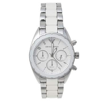 Pre Owned Emporio Armani White Stainless Steel Sportivo Chrono AR5940 Women's Wristwatch 38 mm