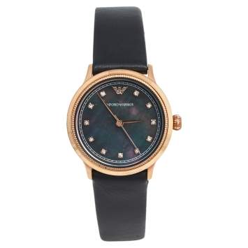 Pre Owned Emporio Armani Black Mother Of Pearl Rose Gold Tone Stainless Steel Leather Classic AR1802 Women's Wristwatch 27 mm