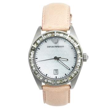 Pre Owned Emporio Armani Mother of Pearl Stainless Steel Leather AR-0543 Women's Wristwatch 38 mm