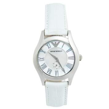 Pre Owned Emporio Armani Mother of Pearl Stainless Steel Leather AR1669 Women's Wristwatch 35 mm