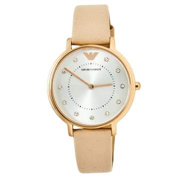 Pre Owned Emporio Armani Silver Rose Gold Plated Stainless Steel Leather AR2510 Women's Wristwatch 32 mm