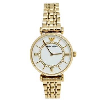 Pre Owned Emporio Armani Mother of Pearl Yellow Gold Plated Stainless Steel AR1907 Women's Wristwatch 32 mm