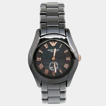 Pre Owned Emporio Armani Black Mother of Pearl Ceramic Gold Plated Stainless Steel AR1412 Women's Wristwatch 35 mm