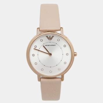 Pre Owned Emporio Armani Silver Rose Gold Plated Stainless Steel Leather AR2510 Women's Wristwatch 32 mm
