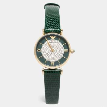 Pre Owned Emporio Armani Green Gold Plated Stainless Steel Leather Gianni AR-11403 Women's Wristwatch 32 mm 