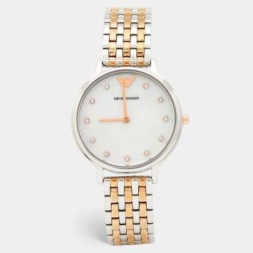 Pre Owned Emporio Armani Mother of Pearl Two Tone Stainless Steel AR80019 Women's Wristwatch 32 mm &  Earrings Set