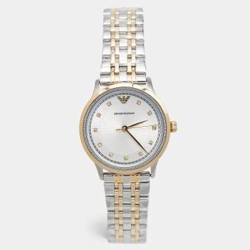 Pre Owned Emporio Armani Silver Two-Tone Stainless Steel Leather Classic AR1963 Women's Wristwatch 30 mm
