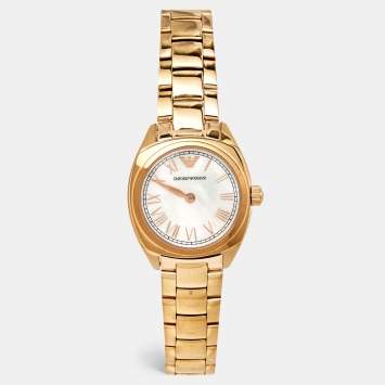 Pre Owned Emporio Armani Mother Of Pearl Gold Plated Stainless Steel AR11038 Women's Wristwatch 28 mm