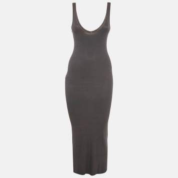 Pre Owned Enza Costa Grey Rib Knit Scoop Neck Maxi Dress S