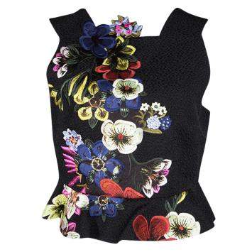 Pre Owned Erdem Black Jacquard Floral Applique Frankie Cropped Peplum Top M