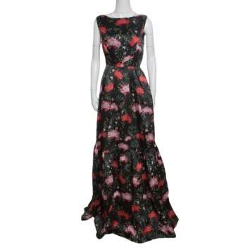 Pre Owned Erdem Green Floral Printed Silk Gazar Ruffled Bottom Alouette Gown M
