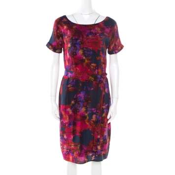 Pre Owned Erdem Multicolor Floral Printed Silk Belted Dress M