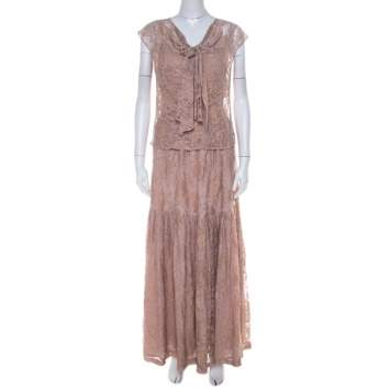 Pre Owned Erdem Light Pink Lace Front Bow Detail Top and Skirt Set M 