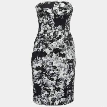 Pre Owned Erdem Black and White Floral Print Stretch Cotton Corset Bodice Dress S 