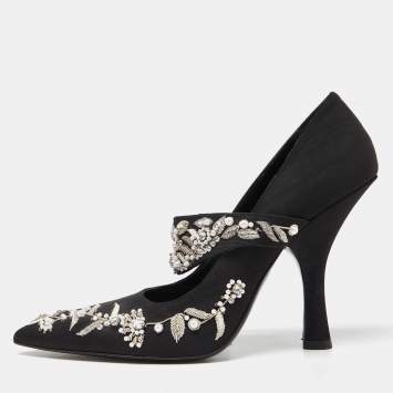 Pre Owned Erdem Black Fabric Crystals Embellished Strap Pumps Size 40