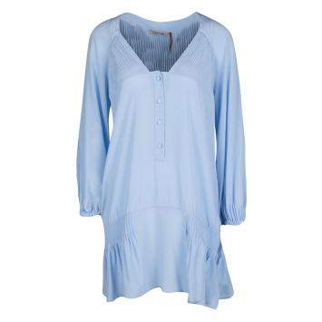 Pre Owned Ermanno Scervino Powder Blue Silk Pintuck Detail Long Sleeve Tunic M