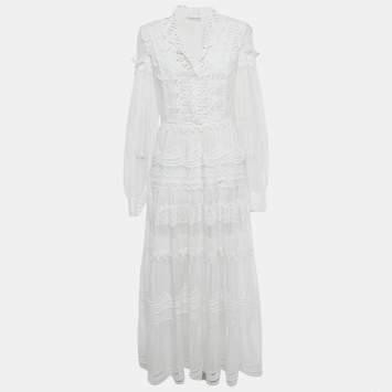 Pre Owned Ermanno Scervino White Lace Detail Cotton Maxi Dress M
