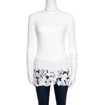 Pre Owned Ermanno Scervino Off White Floral Lace Trim Detail Long Sleeve Top S