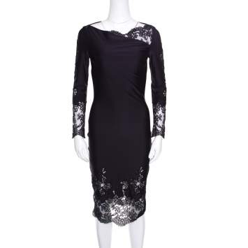مملوكة مسبقًا Ermanno Scervino Navy Blue Draped Neckline Lace Detail Fitted Midi Dress XS