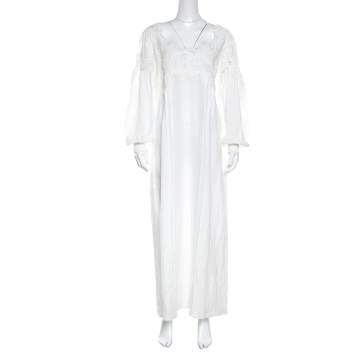 Pre Owned Ermanno Scervino White Floral Embroidered Lace Overlay Long Sleeve Ramie Dress M