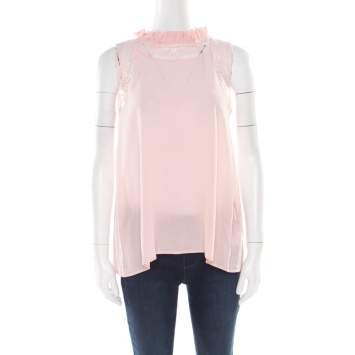 Pre Owned Ermanno Scervino Pink Sorbet Silk Floral Lace Trim Sleeveless Top M