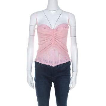 Pre Owned Ermanno Scervino Pink Pleated Silk Frayed Detail Ruffled Corset Top M