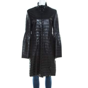 Pre Owned Escada Black Coated Wool Flounce Sleeve Zip Front Long Coat M