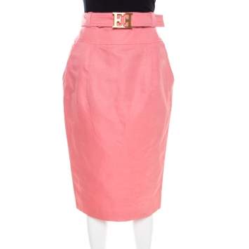 Pre Owned Escada Pink Slub Linen and Silk Logo Belt Detail High Waist Skirt M