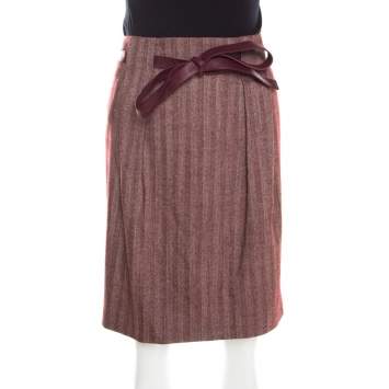 Pre Owned Escada Burgundy Herringbone Wool and Silk Knotted Leather Belt Detail Skirt M