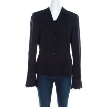 Pre Owned Escada Black Crepe Wool Embroidered Cuff Trim Button Front Blazer L