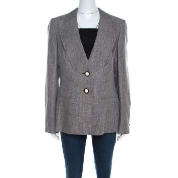 Pre Owned Escada Brown Basketweave Linen and Wool Faux Collar Tailored Blazer L