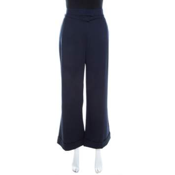 Pre Owned Escada Navy Blue Stretch Wool Crepe Belted High Waist Wide Leg Pants L