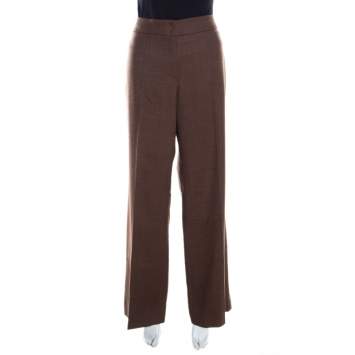 Pre Owned Escada Camel Brown Stretch Wool Wide Leg Hose Tailored Trousers L
