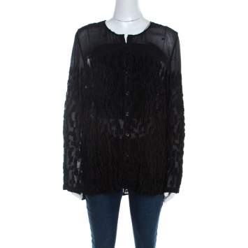 Pre Owned Escada Black Velvet Dobby Sheer Crepe Button Front Blouse M