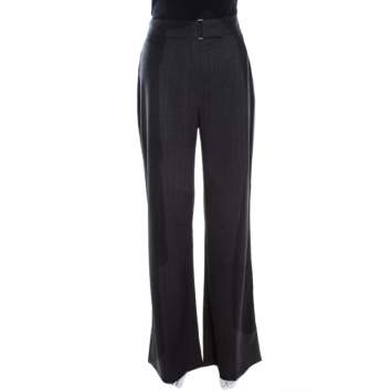 Pre Owned Escada Grey Contrast Broken Striped Stretch Wool High Waist Trousers M