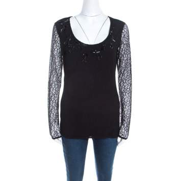 Pre Owned Escada Black Lace Overlay Jersey Crystal Embellished Scoop Neck Erbrou Top XL