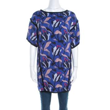 Pre Owned Escada Ink Blue Floral Print Silk Blend Naternia Tunic Top M