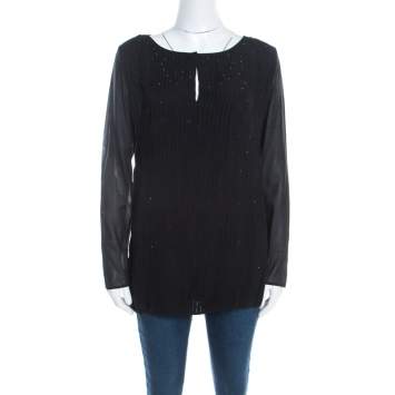 Pre Owned Escada Black Pintucked Pleat Silk Crystal Embellished Long Sleeve Blouse M