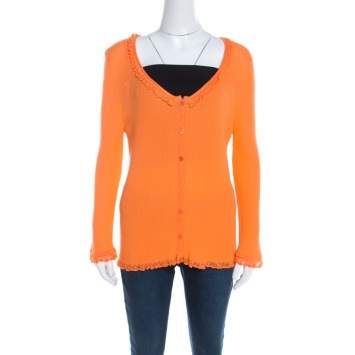 Pre Owned Escada Orange Rib Knit Crochet Trim Button Front Cardigan L