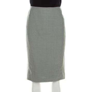 Pre Owned Escada Green and White Mini Houndstooth Pattern Wool Rowena Pencil Skirt L