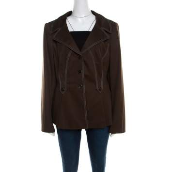 Escada Military Green Cotton Topstitch Detail Button Front Blazer XL