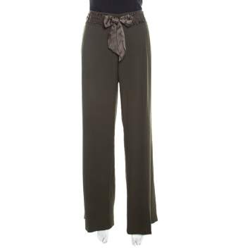 Pre Owned Escada Military Green Wool Crepe Satin Waist Tie Detail Wide Leg Pants L
