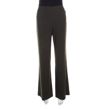 Pre Owned Escada Military Green Wool Crepe High Waist Wide Leg Pants M