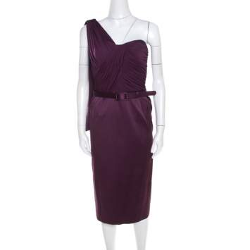 Pre Owned Escada Aubergine Draped Bodice Detail Asymmetric Sleeve Corsagenkleid Sheath Dress M