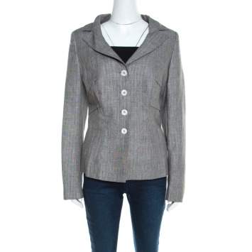 Pre Owned Escada Grey Herringbone Linen Wool Pleat Detail Button Front Blazer L
