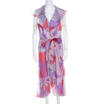 Pre Owned Escada Multicolor Abstract Print Silk Ruffled Sleeveless Dress L