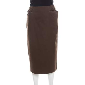 Pre Owned Escada Military Green Cotton Topstitch Detail Pencil Skirt XL