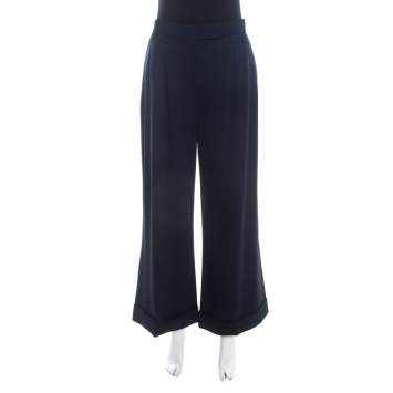 Pre Owned Escada Navy Blue Stretch Wool Crepe High Waist Wide Leg Trousers XL