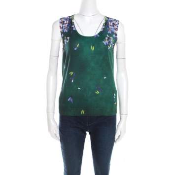 Pre Owned Escada Green Digital Floral Print Silk Wool Sleeveless Top M